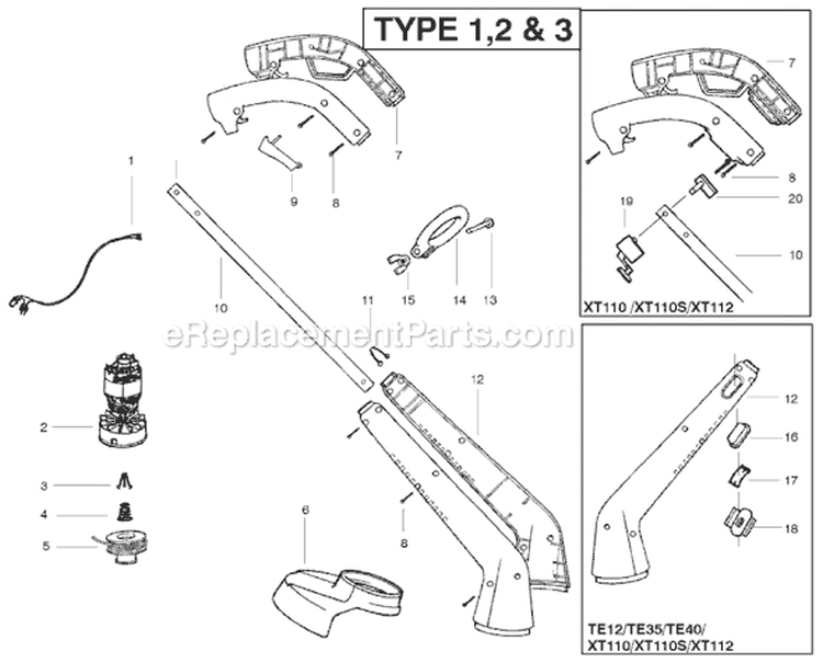 Page A Diagram and Parts List for XT110 Type 1 Weed Eater Trimmer